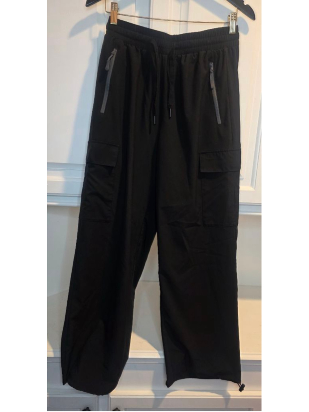 Farungs Black Cargo Jogger Pants L Wide Leg Drawstring Stretch Utility - Picture 2 of 8